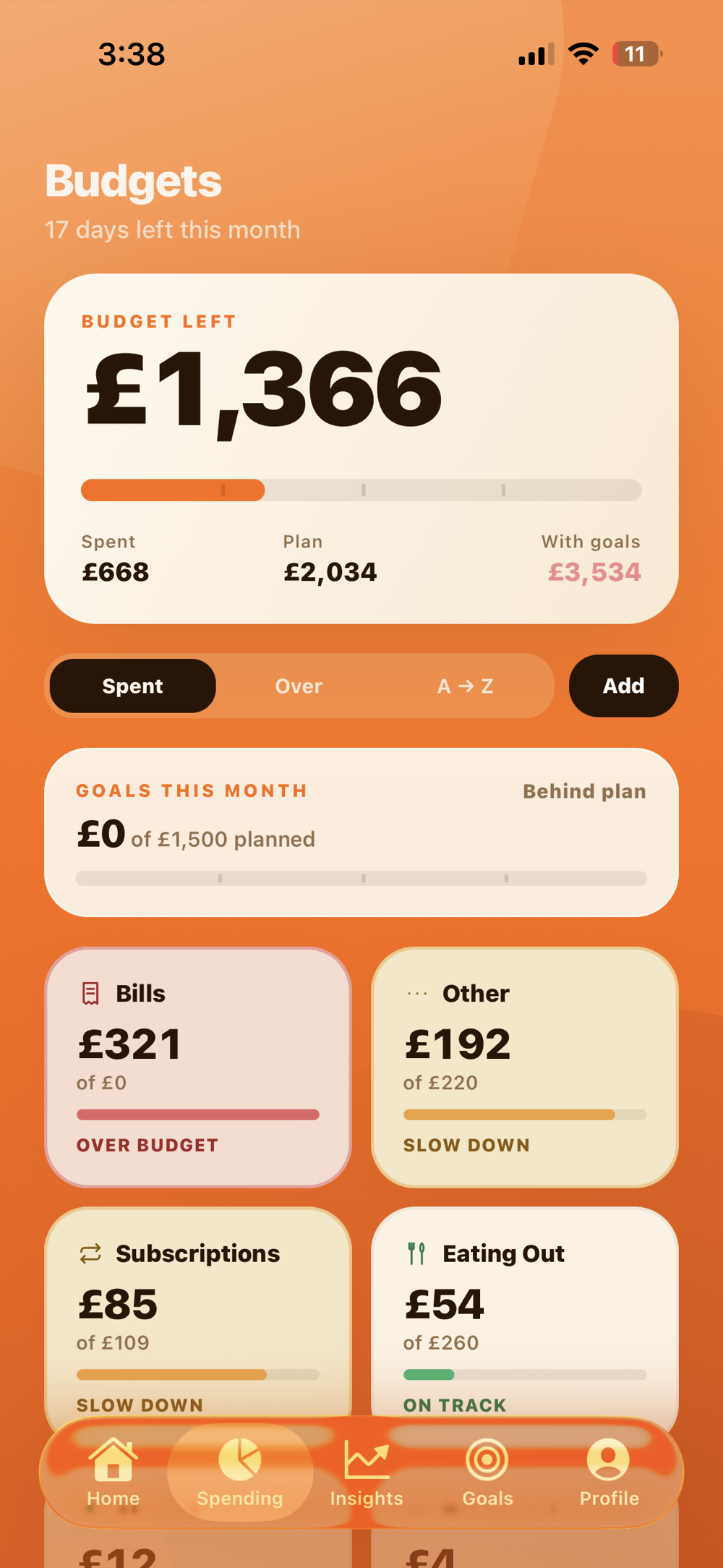 Budgets screen with per category status