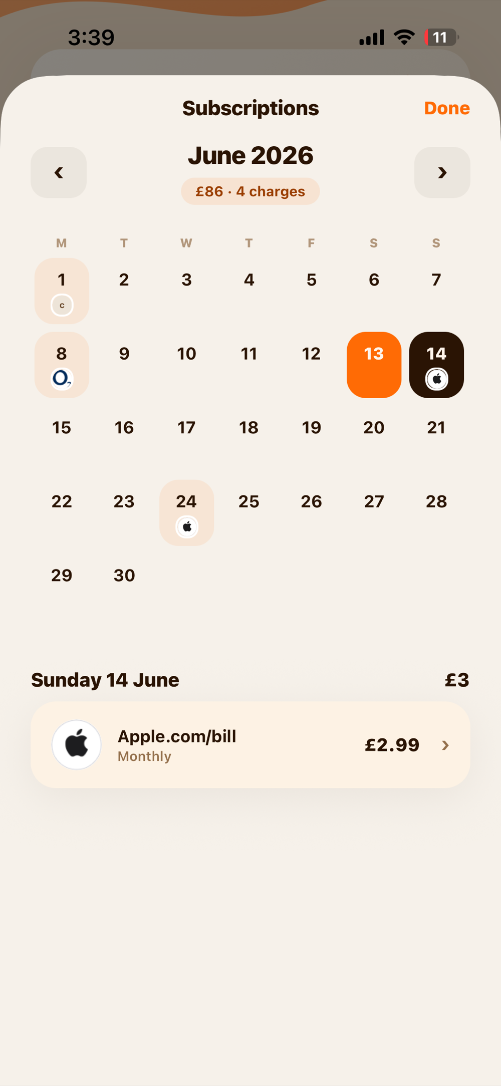 Subscriptions calendar by month
