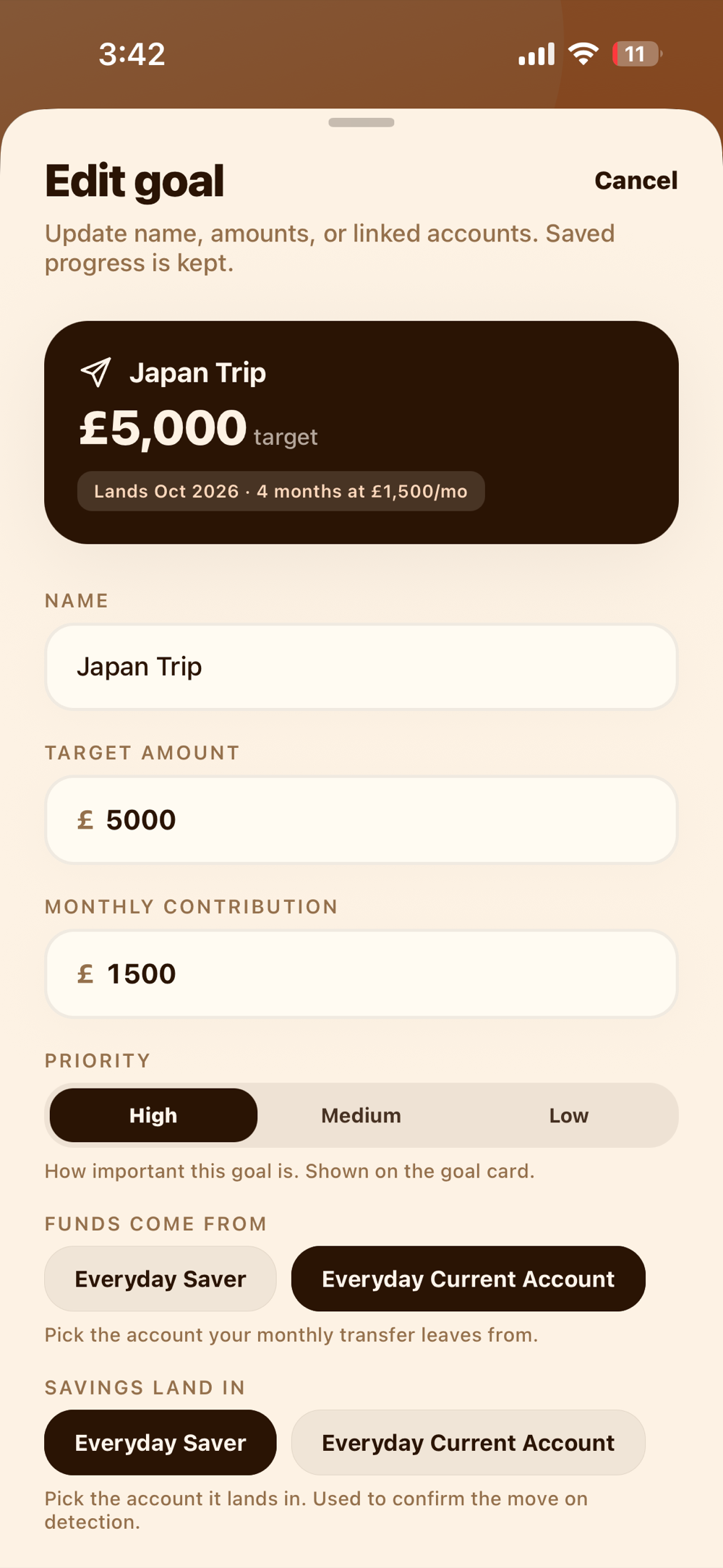Edit goal with priority and linked accounts