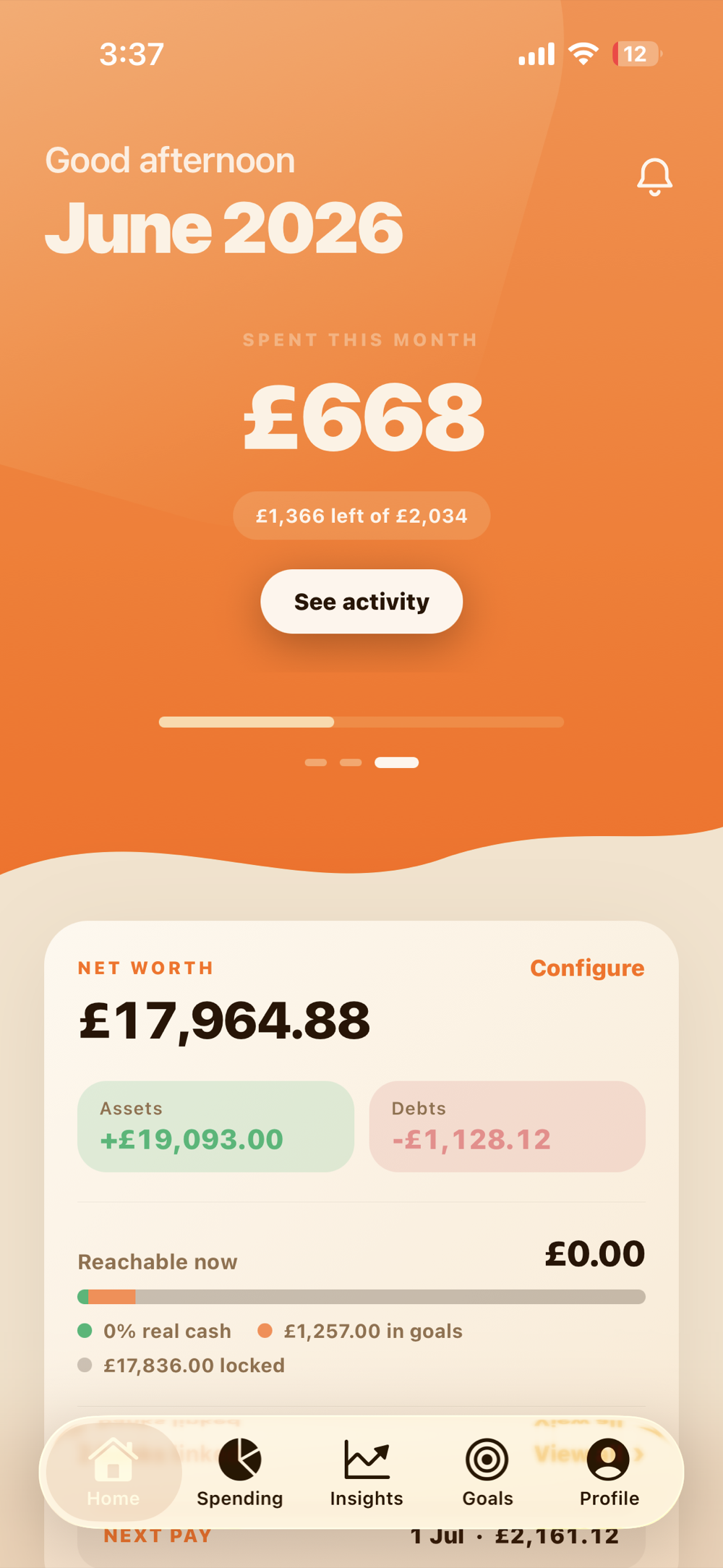Gibbon home screen showing safe to spend and net worth