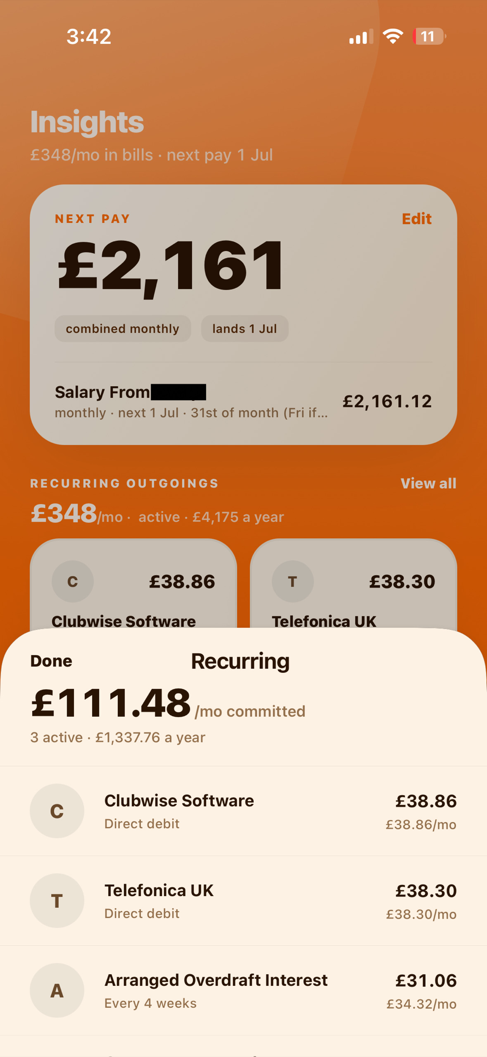Insights screen with next pay and recurring outgoings