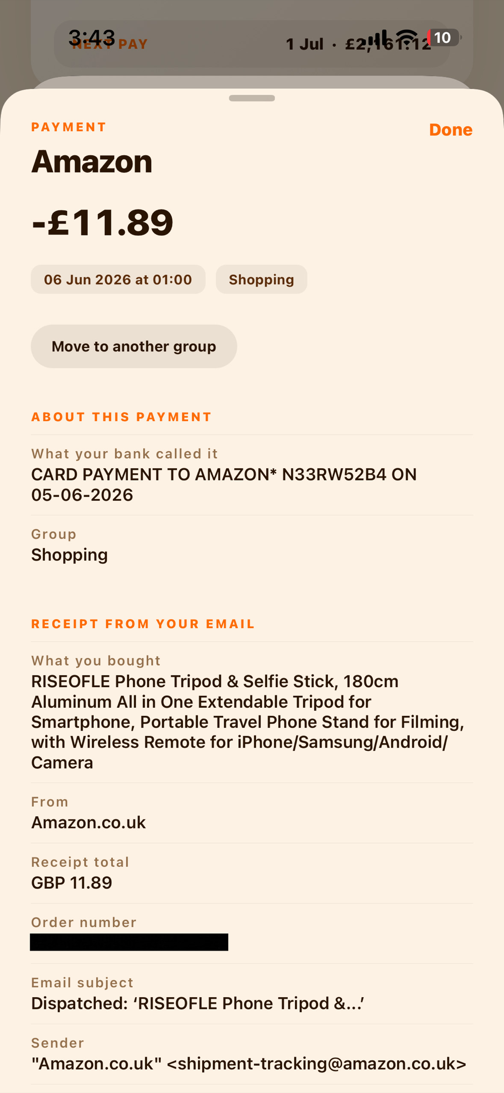 Transaction detail showing the matched email receipt