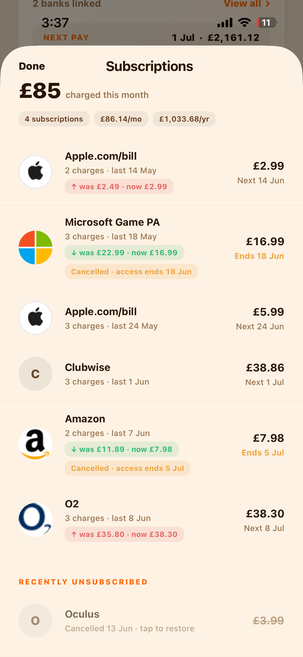 Subscriptions list with monthly total and price rises