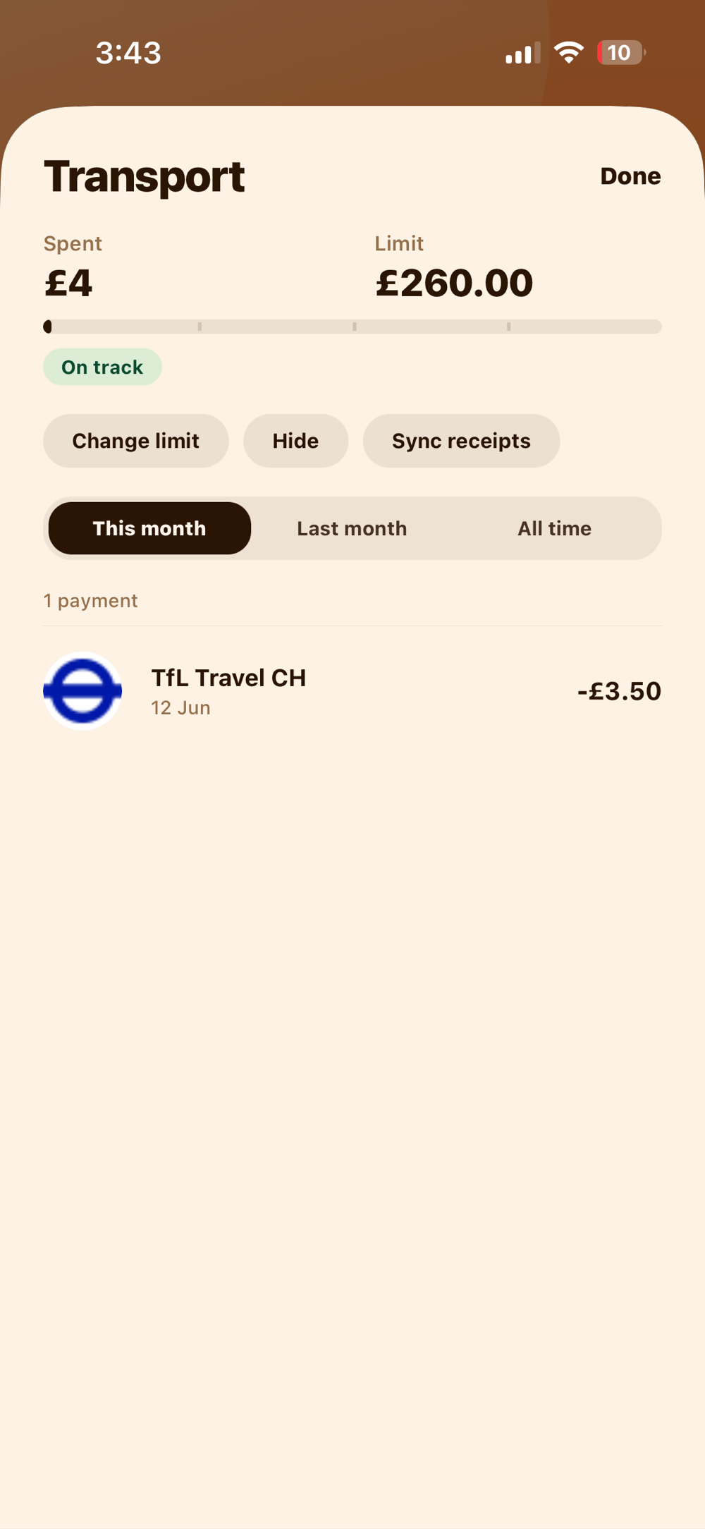 Transport category with this month's spend